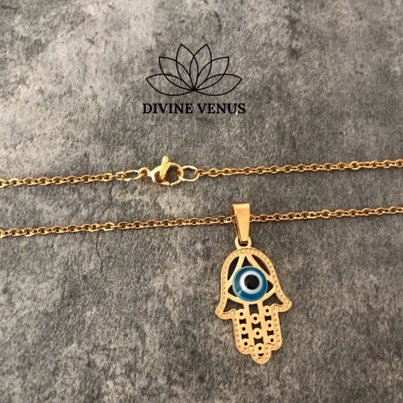 Evil Eye Hamsa Necklace | Gold Plated Stainless Steel | Handmade - Picture 5 of 7
